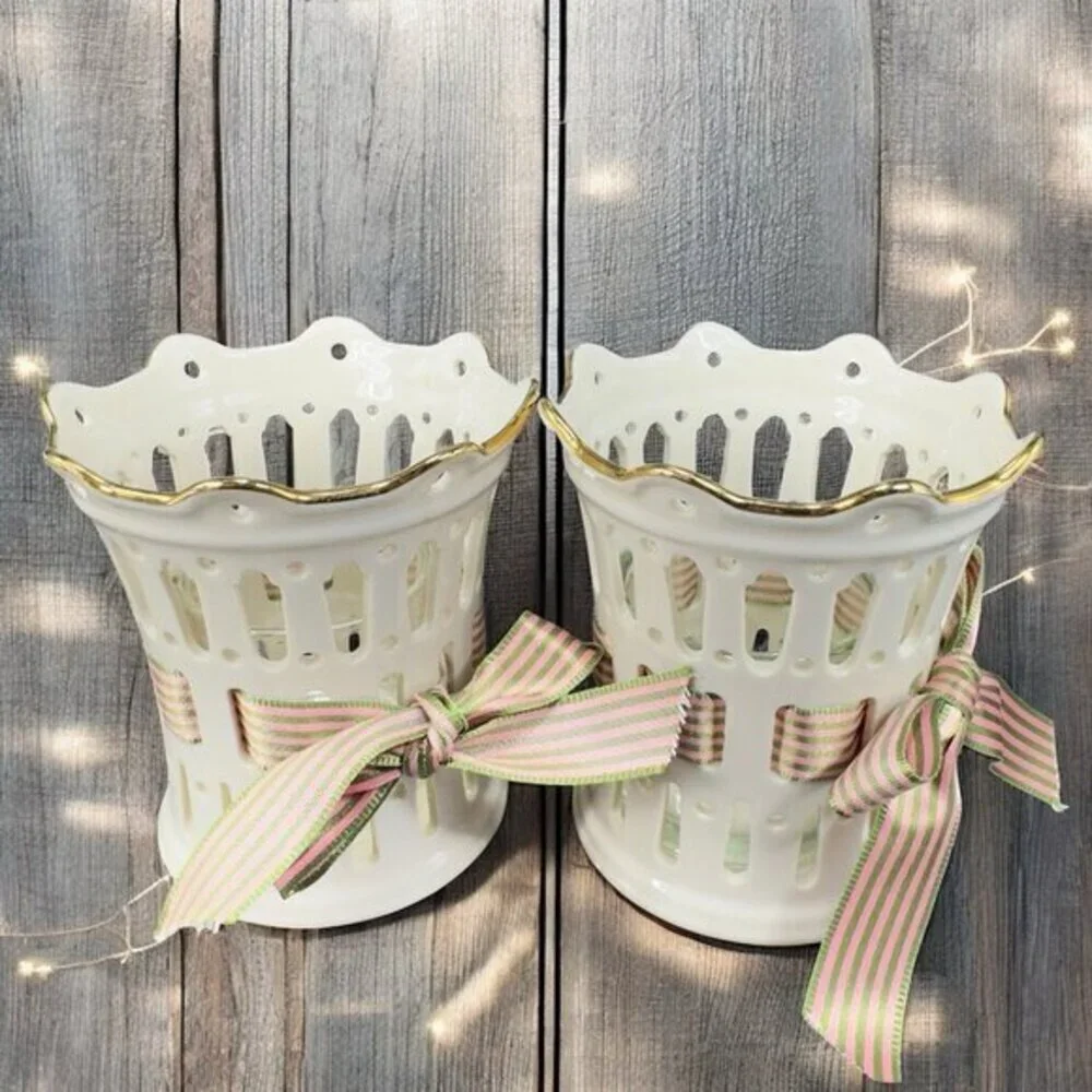 Lenox Great Giftables Pierced Porcelain Votive With‎ Ribbon And Gold Trim Set 2